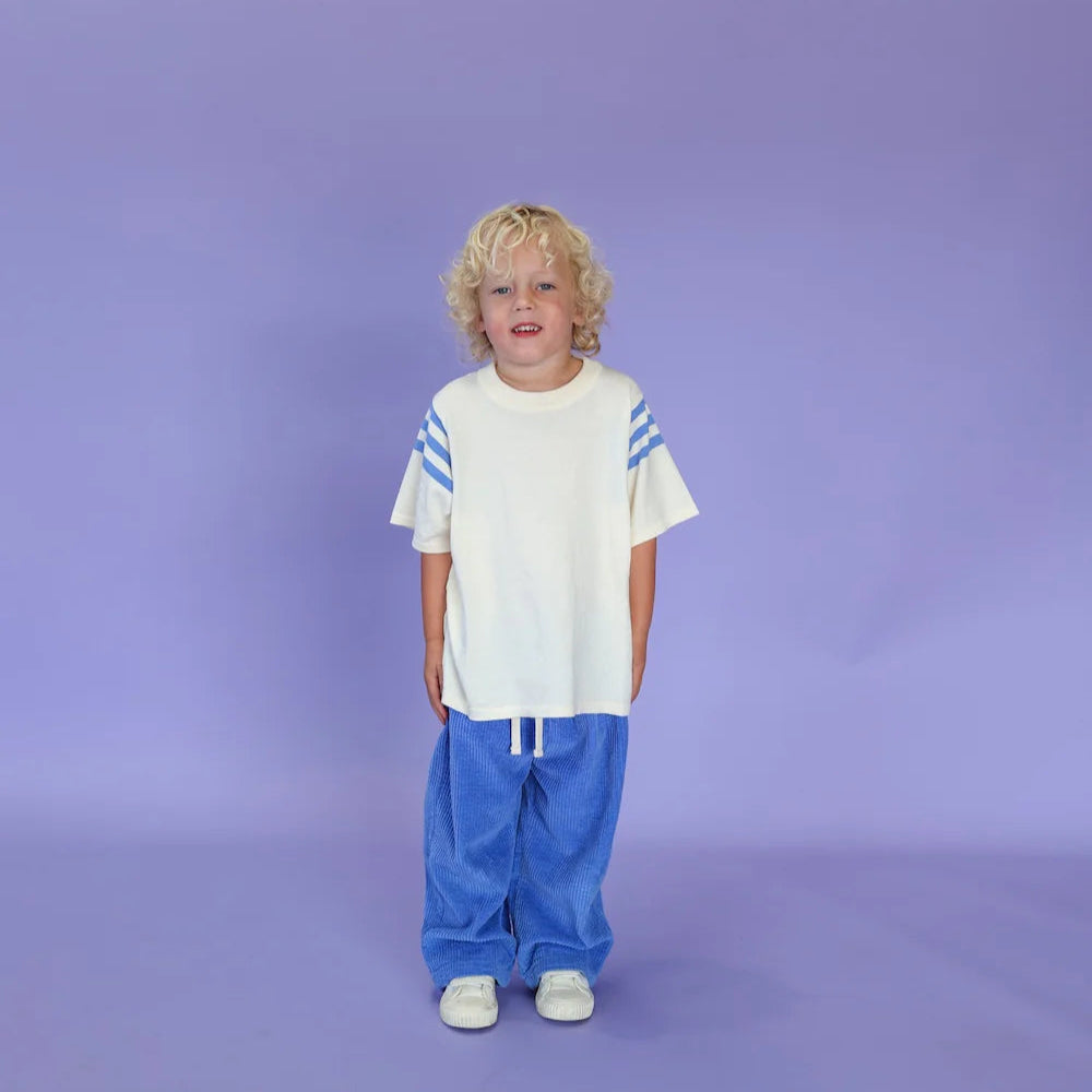 Knitted Stripe Sleeve Knitted Tee - Blue/Milk